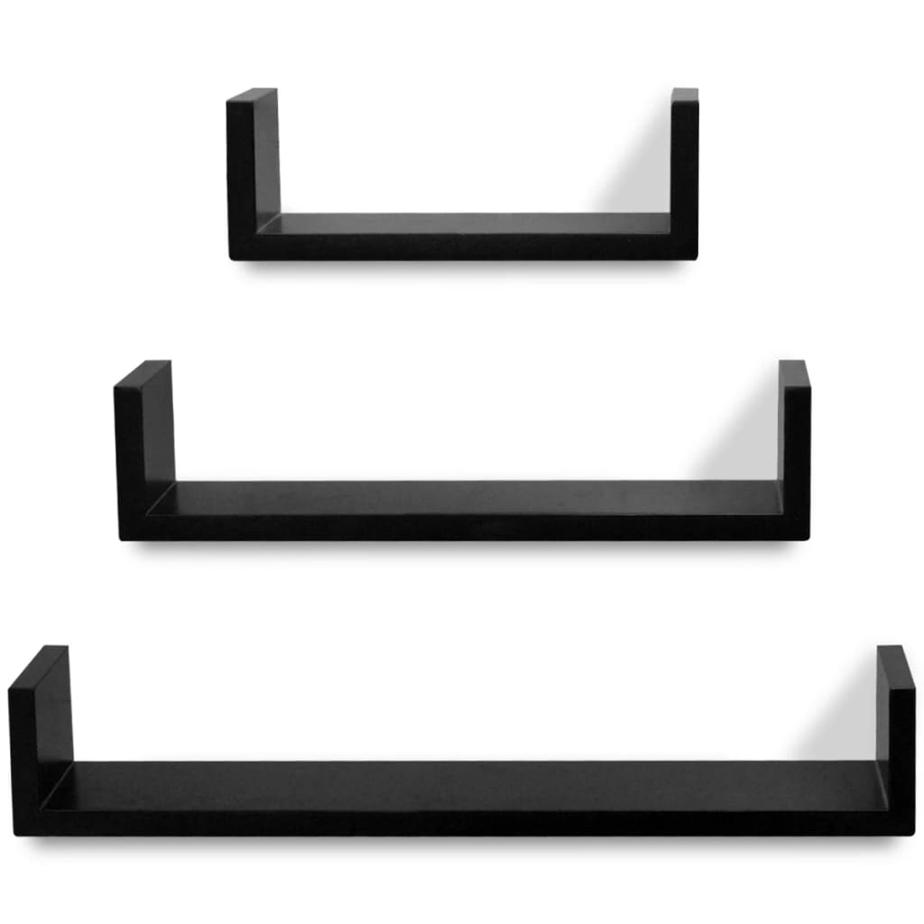 3 Black MDF UShaped Floating Wall Display Shelves Book/DVD Storage