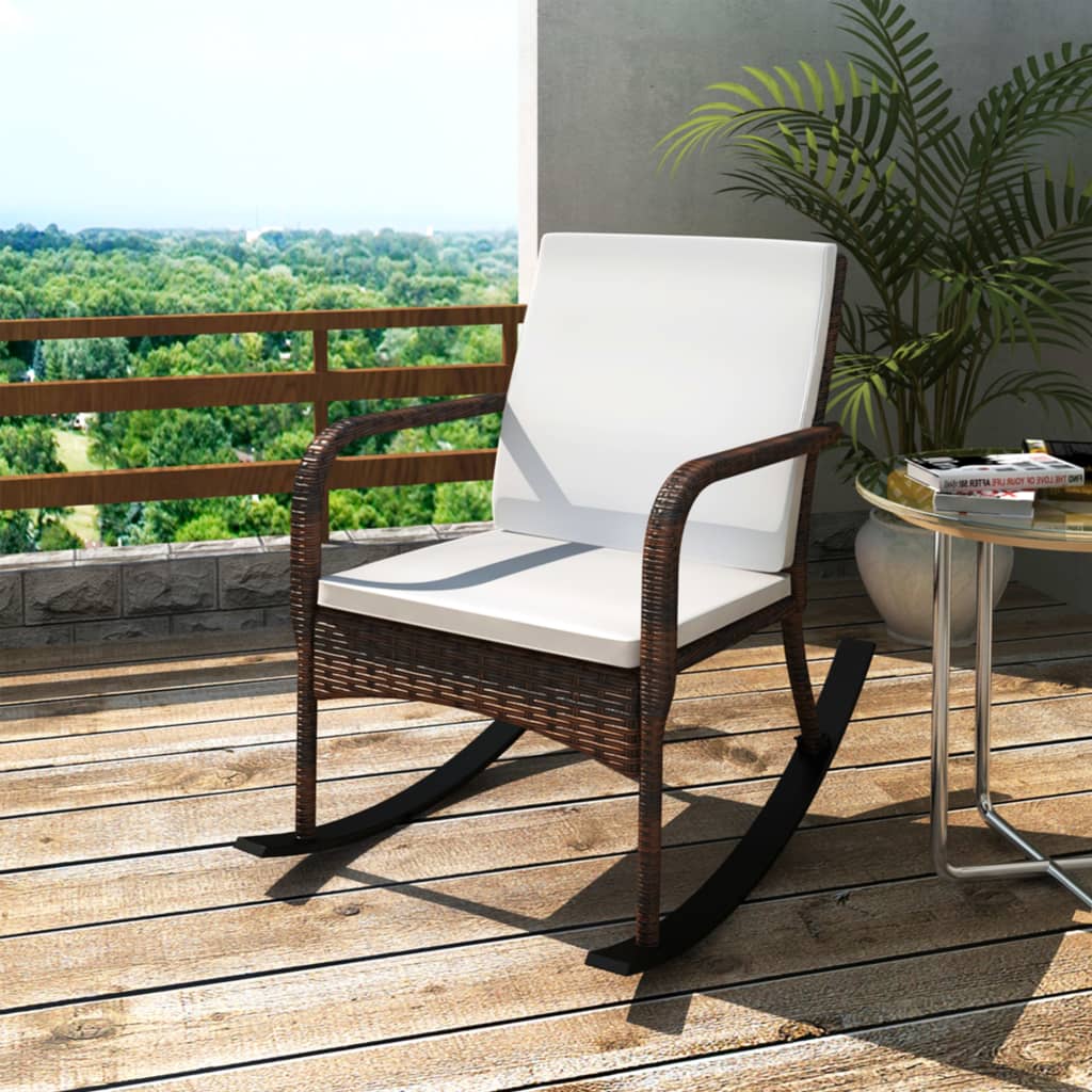 vidaXL Sedia a Dondolo con Morbido Cuscino da Giardino Polirattan Rattan Marrone